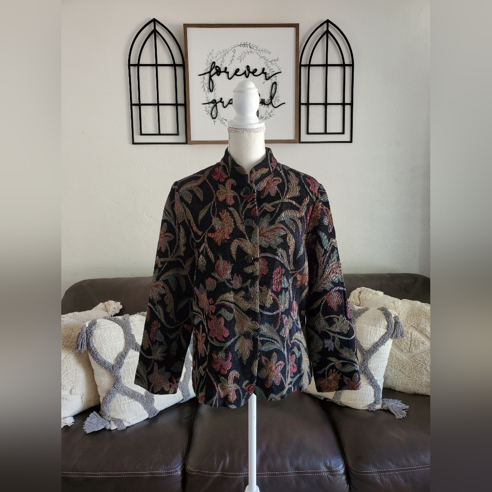 Vintage Black Colorful Floral Tapestry Button Up Blazer Size M Classic Boho Chic